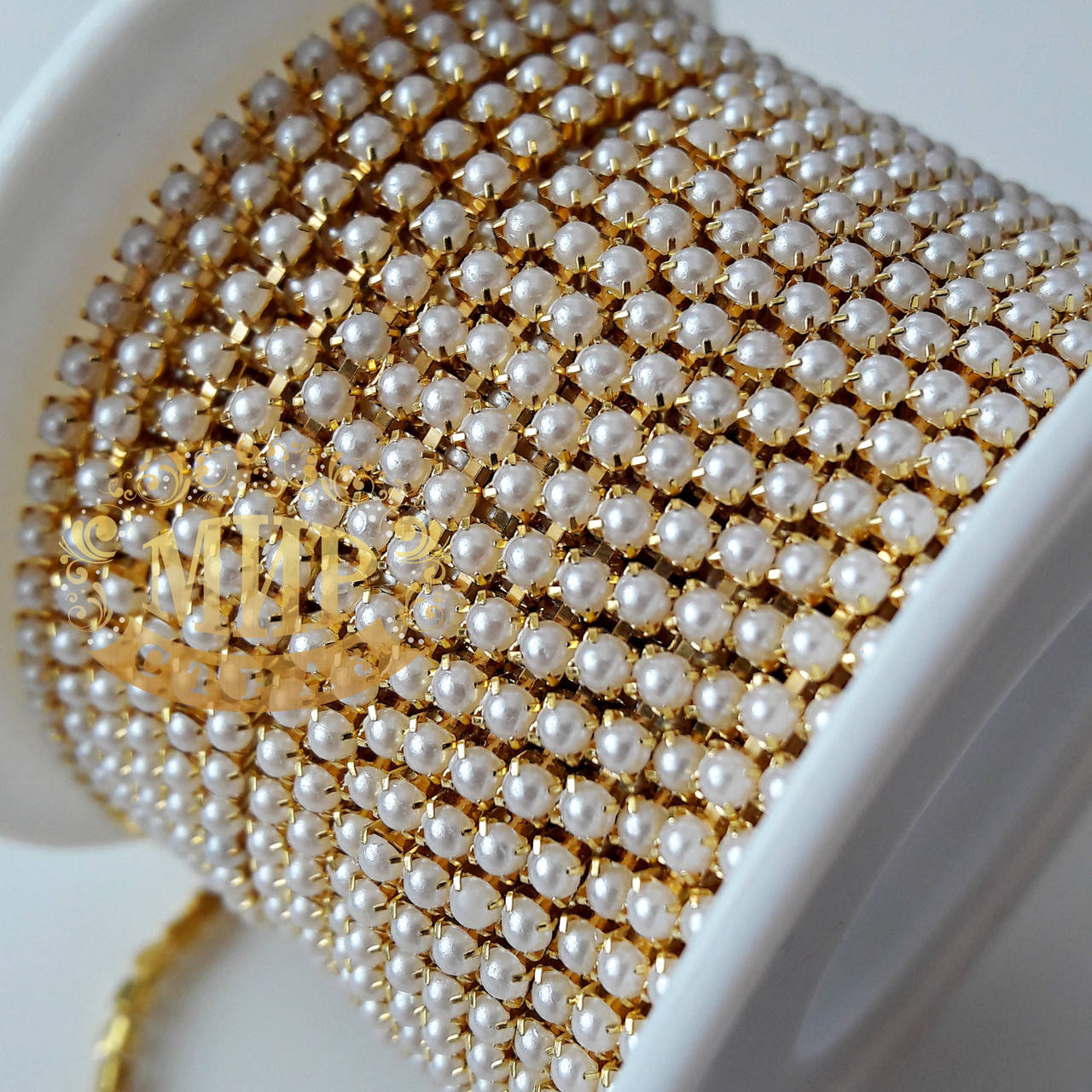 

Жемчужная цепочка перламутровая, ss6 (2mm), металл золото, 1м