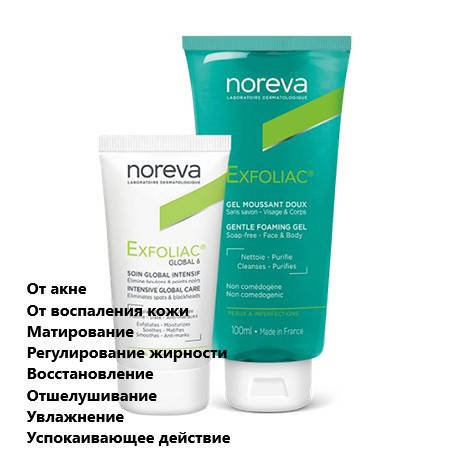

Набор для проблемной кожи лица Норева Эксфолиак Noreva Exfoliac Global 6 и очищение