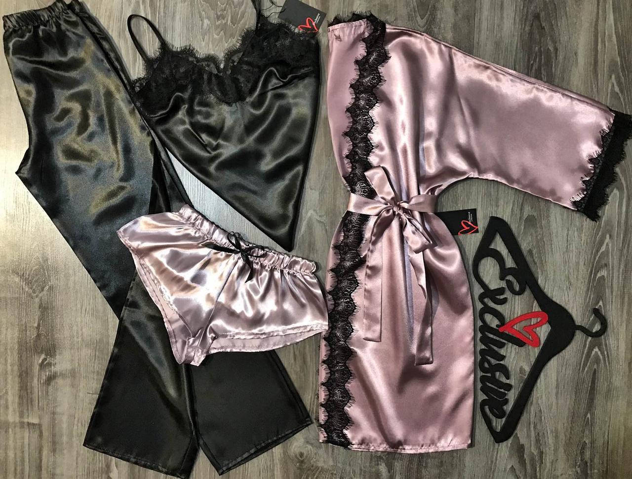 

Женский атласный комплект домашней одежды халат+пижама тройка, Пудровый