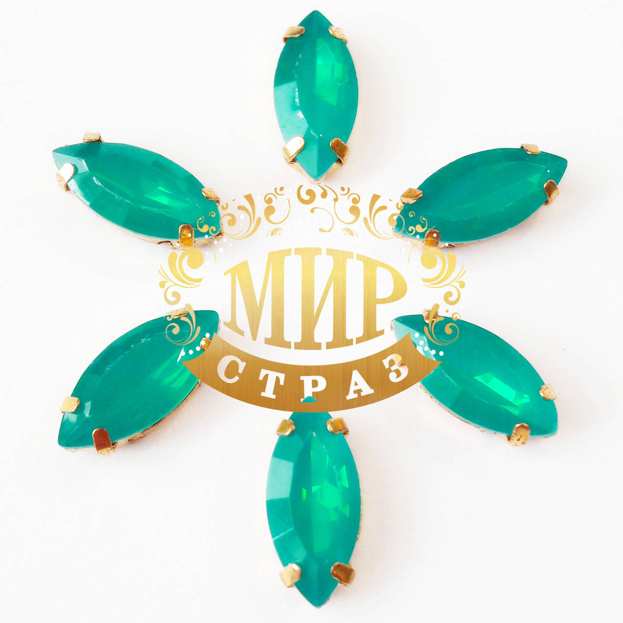 

Cтразы в золотых цапах Лодочка, 7х15мм, цвет Dark Aqua Opal, 1шт, Белый