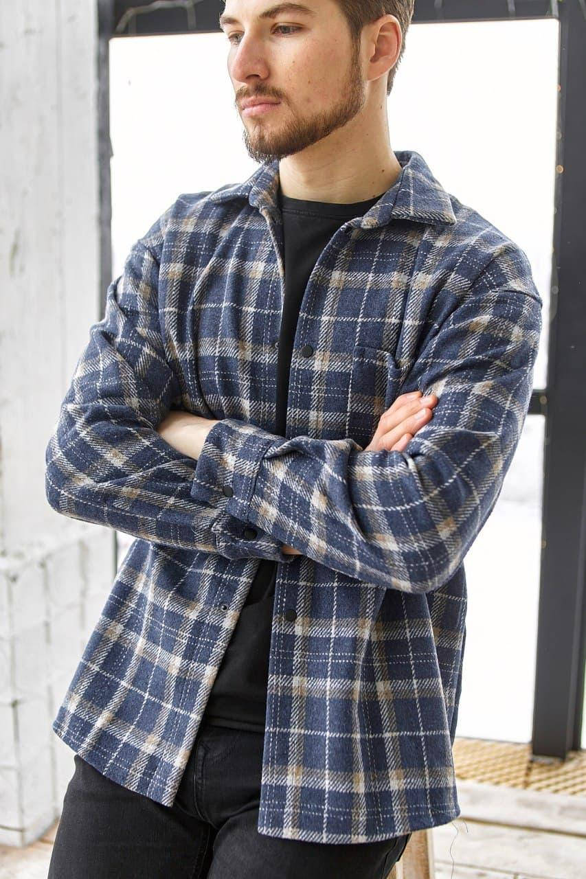 

Мужская байковая рубашка в клетку синяя с начесом стильная, Синий