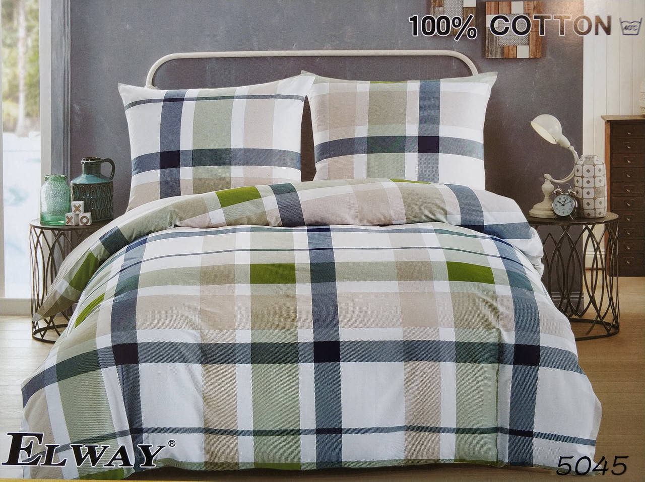 

Сатиновое постельное белье евро ELWAY 5045 «Геометрическая клетка», Оливковый