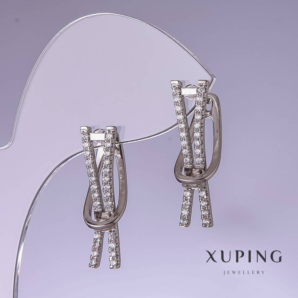 

Серьги Xuping с белыми стразами 25х7мм родий 18к