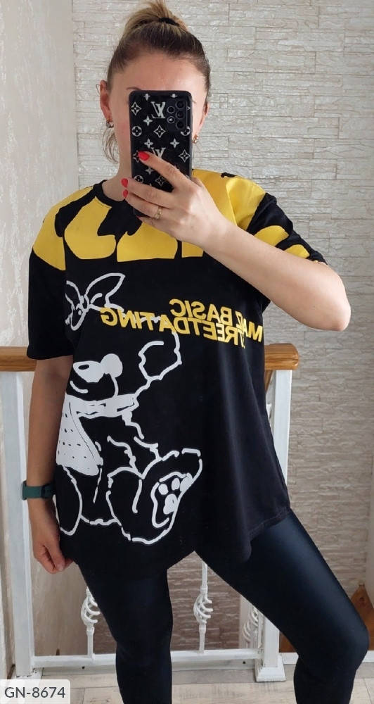 

Удлиненная молодежная женская футболка-туника летняя с принтом и надписями больших размеров 46-58 арт 7122