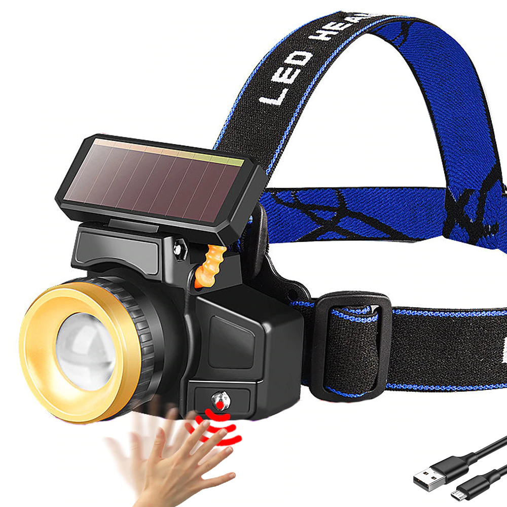 

Мощный налобный фонарь с солнечной батареей / Налобный фонарик, Черный