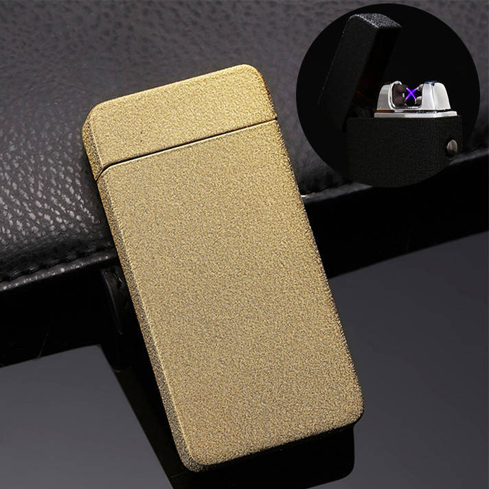 

Электроимпульсная USB зажигалка золотая матовая с двойной электро дугой в подарочной коробке