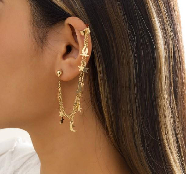 

Серьга-кафф , золотая сережка Луна и звезды, женская бижутерия