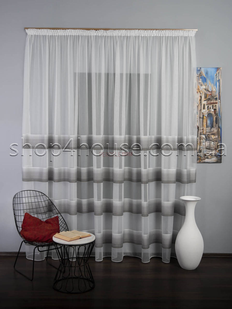 

Тюль на основе бамбука в полоску. Цвет:Серый