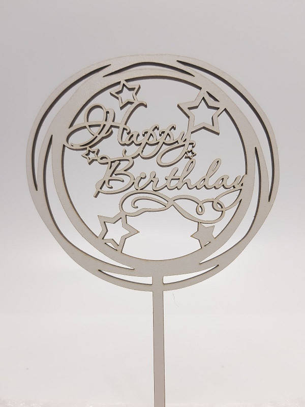 

Топпер белый на цельной ножке Happy Birthday звезды