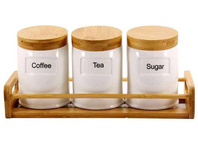 

Набір 3-х банок з дерев'яною кришкою Interos PJ01783 фарфорова на підставці 600мл