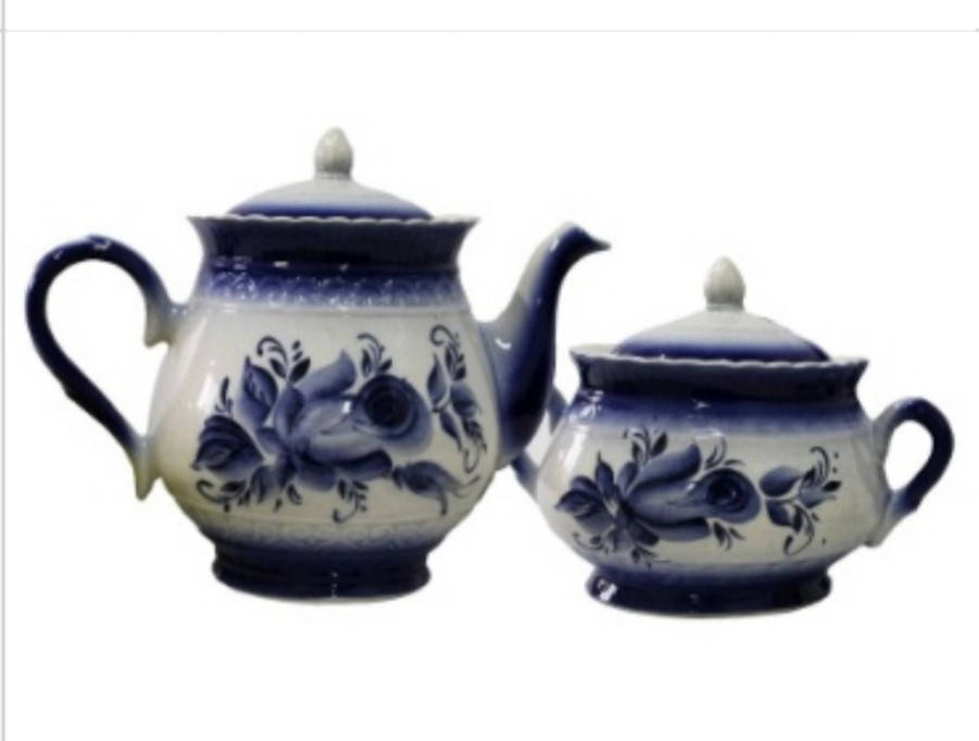 

Чайная пара, сахарница и заварник, гжель, Белый