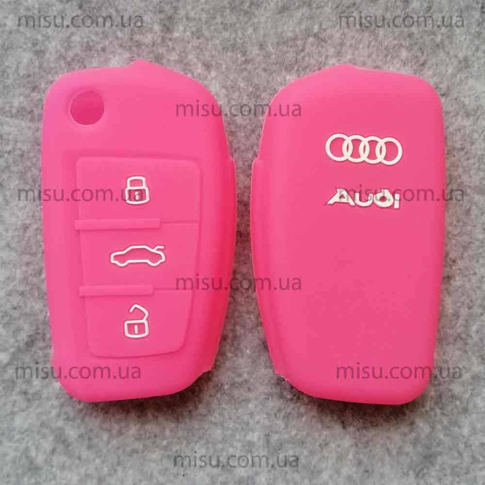 

Силиконовый чехол для ключа Audi 3 кнопки Розовый с лого