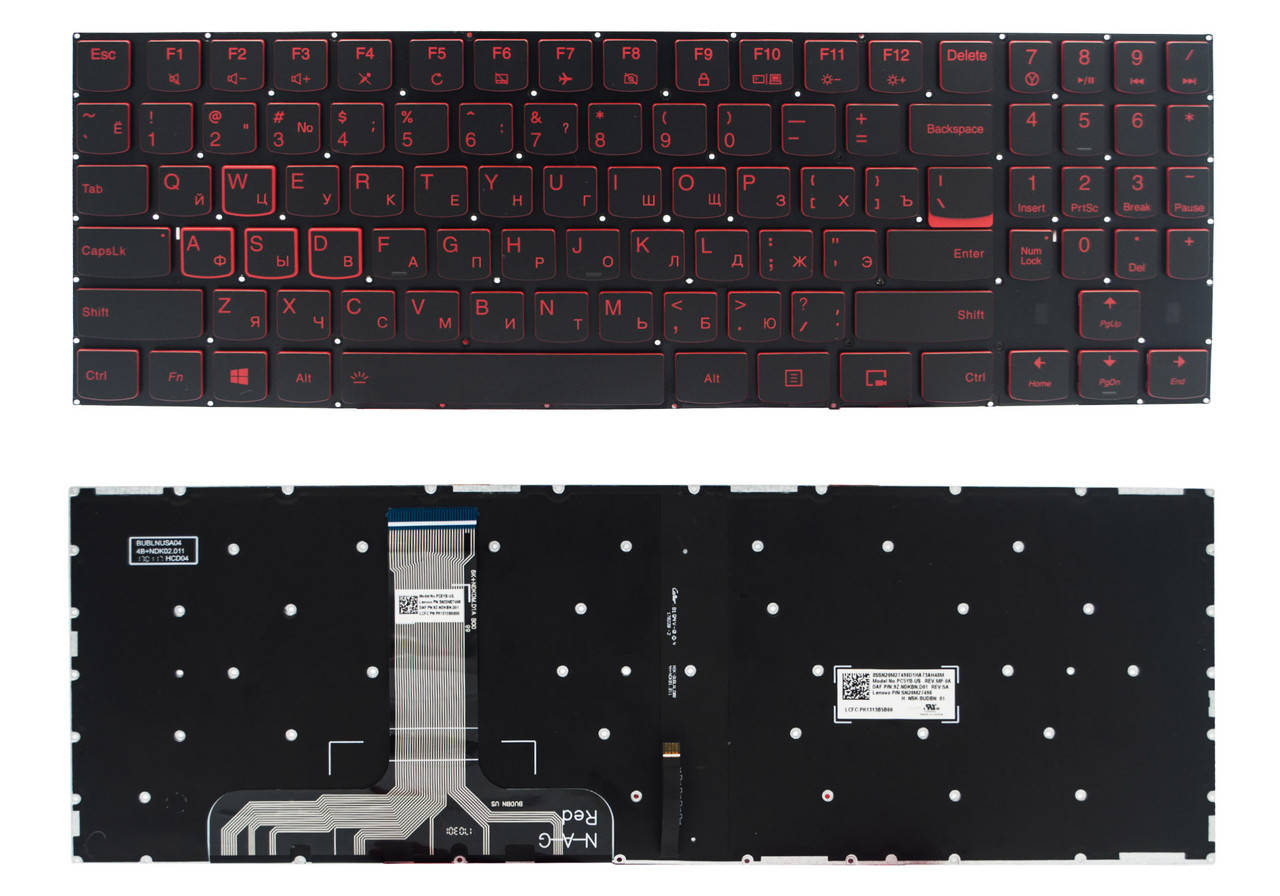 

Клавиатура Lenovo Legion Y720-15IKB черная без рамки Прямой Enter подсветка RED (PK1313B5B00), Черный