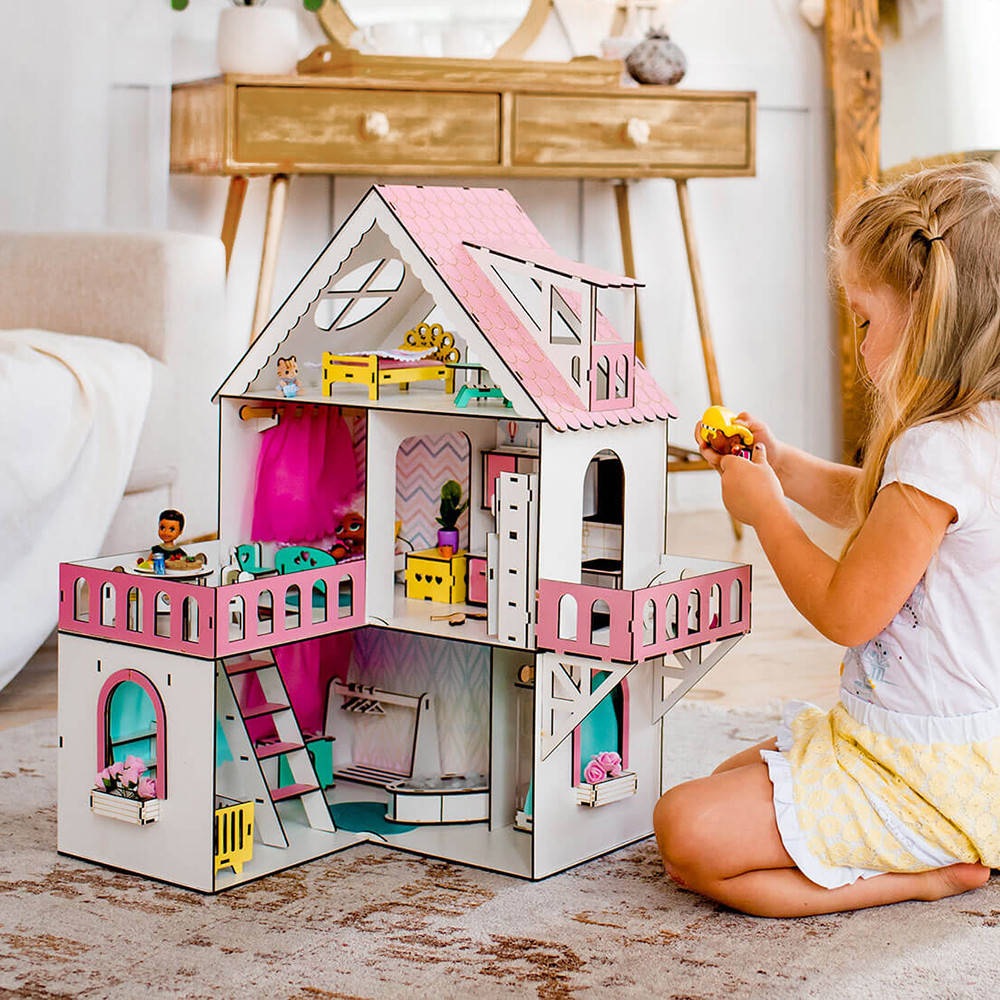 

(МИНИ КОТТЕДЖ) кукольный игровой домик Happy Day для LOL, розовый + мебель 9 ед