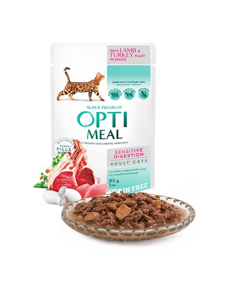 

OptiMeal Беззерновой влажный корм для взрослых кошек с чувствительным пищеварением с ягненком и филе индейки в