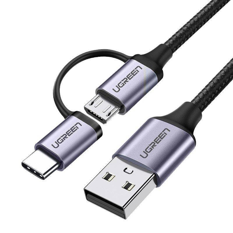 

Кабель Ugreen 2в1 USB - micro USB / кабель USB Type C 1 м 2,4А черный (30875)