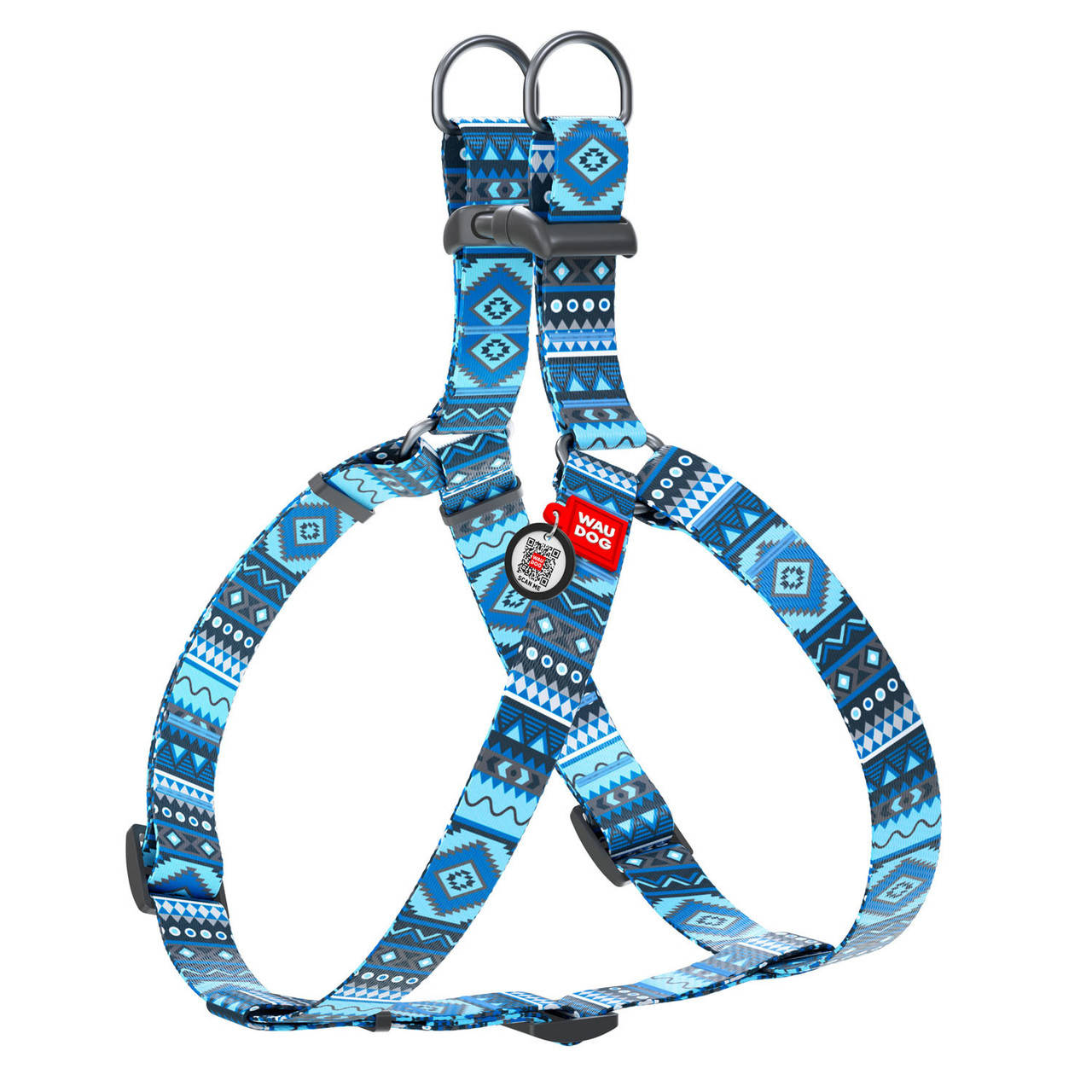 

Шлея WAUDOG Nylon с QR паспортом "Этно синий" 25мм 60-90 см