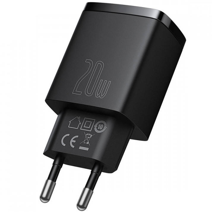 

Адаптер питания Baseus Compact Quick Charger 20W QC+PD(Type C+USB), Black, Черный