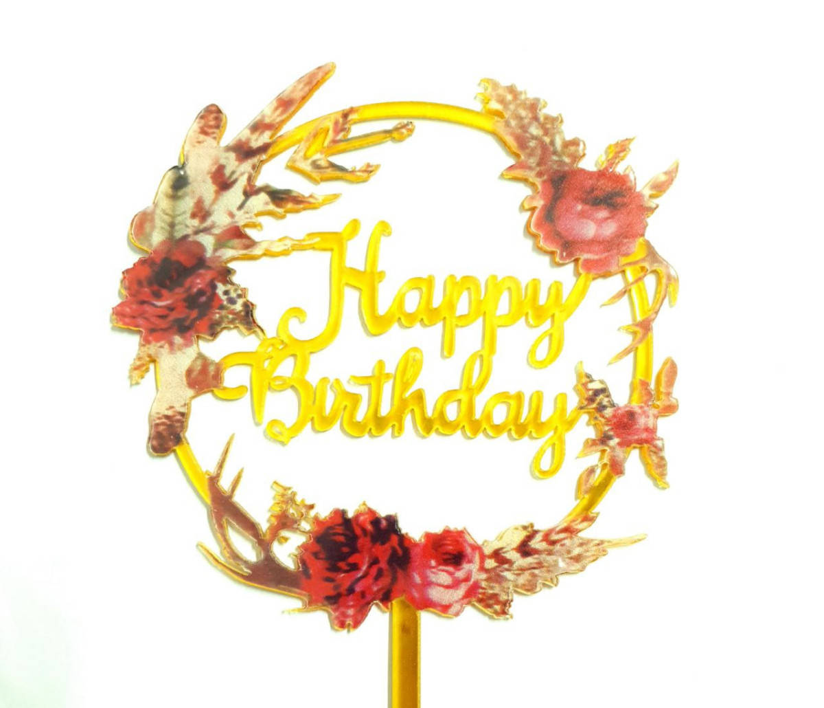 

Зеркальный топпер Happy Birthday круглый с розами золото