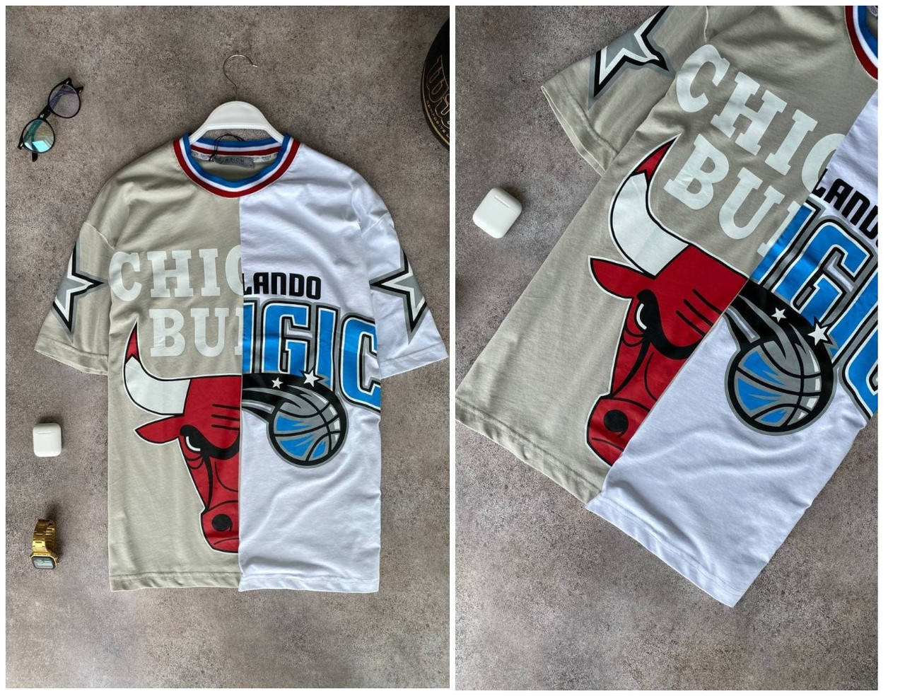 

Белая мужская футболка с баскетбольными командами chicago bulls и Lakers Турция XL