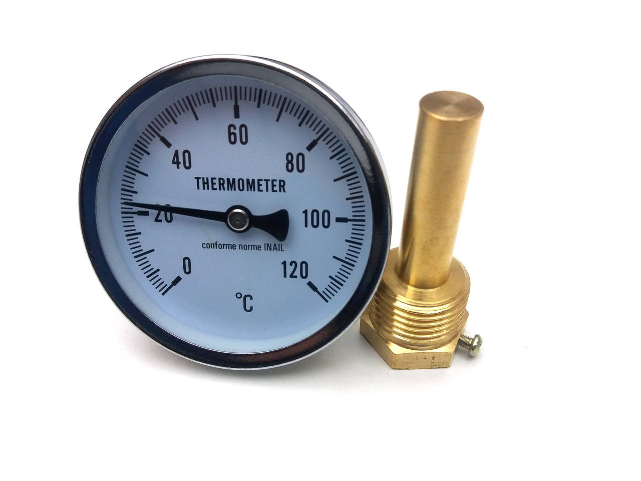 

Термометр биметаллический трубчатый Ø63мм / Tmax=120°С / латунная гильза L=50мм (на резьбе 1/2") Китай.