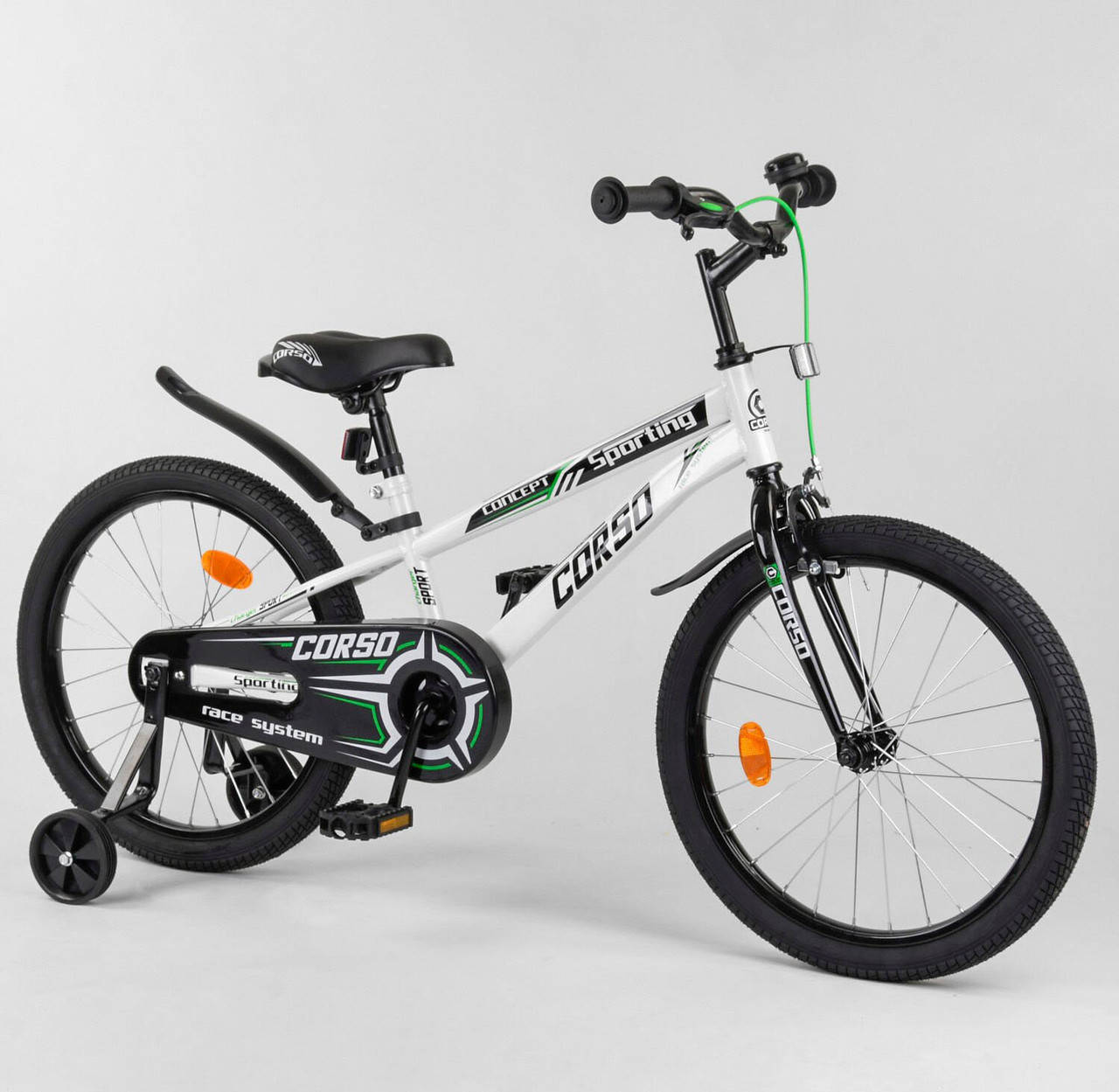 

Велосипед 20 дюймов 2-х колесный CORSO R-20165, ручной тормоз, колокольчик, доп. колеса, Белый