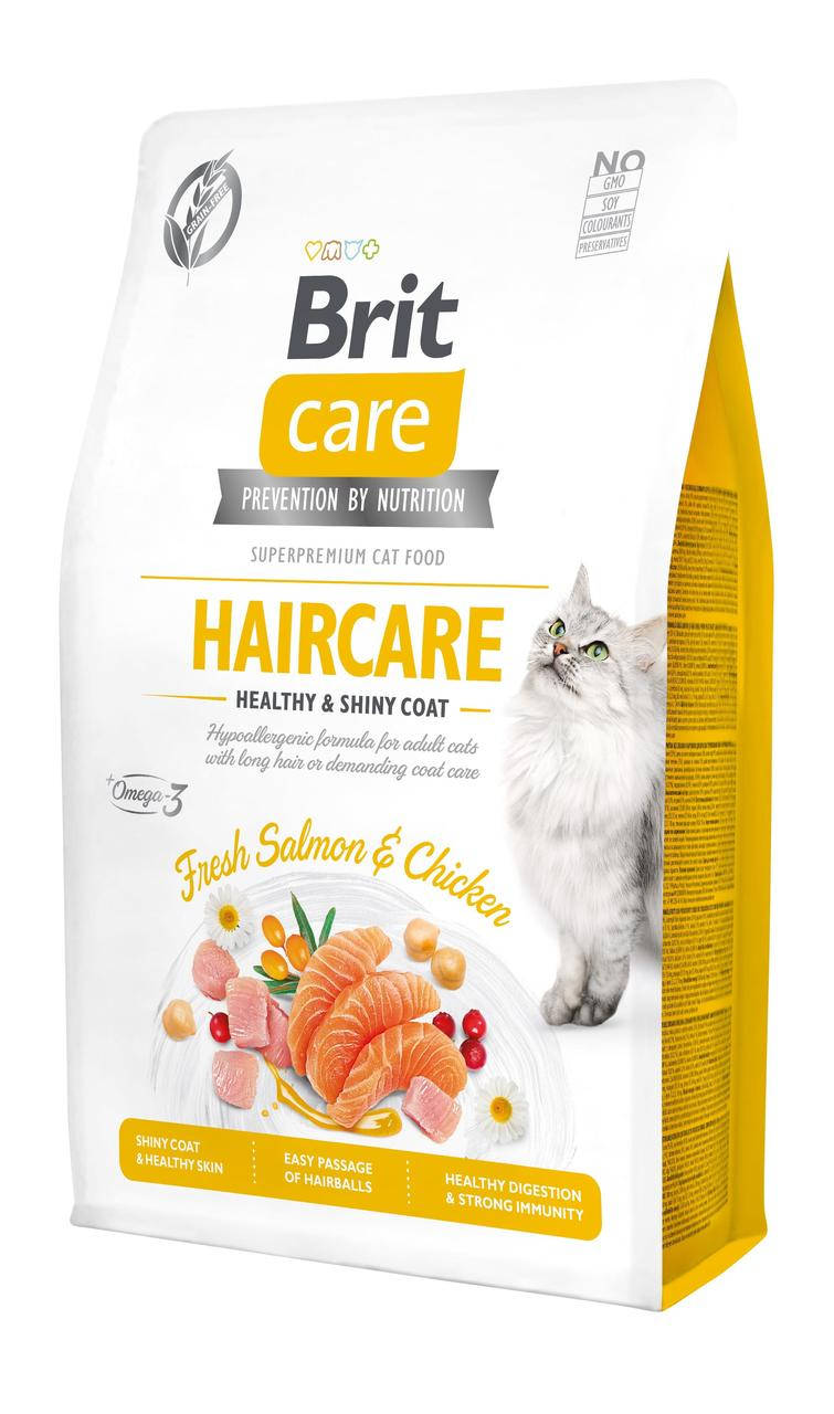 

Сухой корм для длинношерстных кошек Brit Care Haircare Healthy&Shiny Coat беззерновой с лососем и курицей 2кг