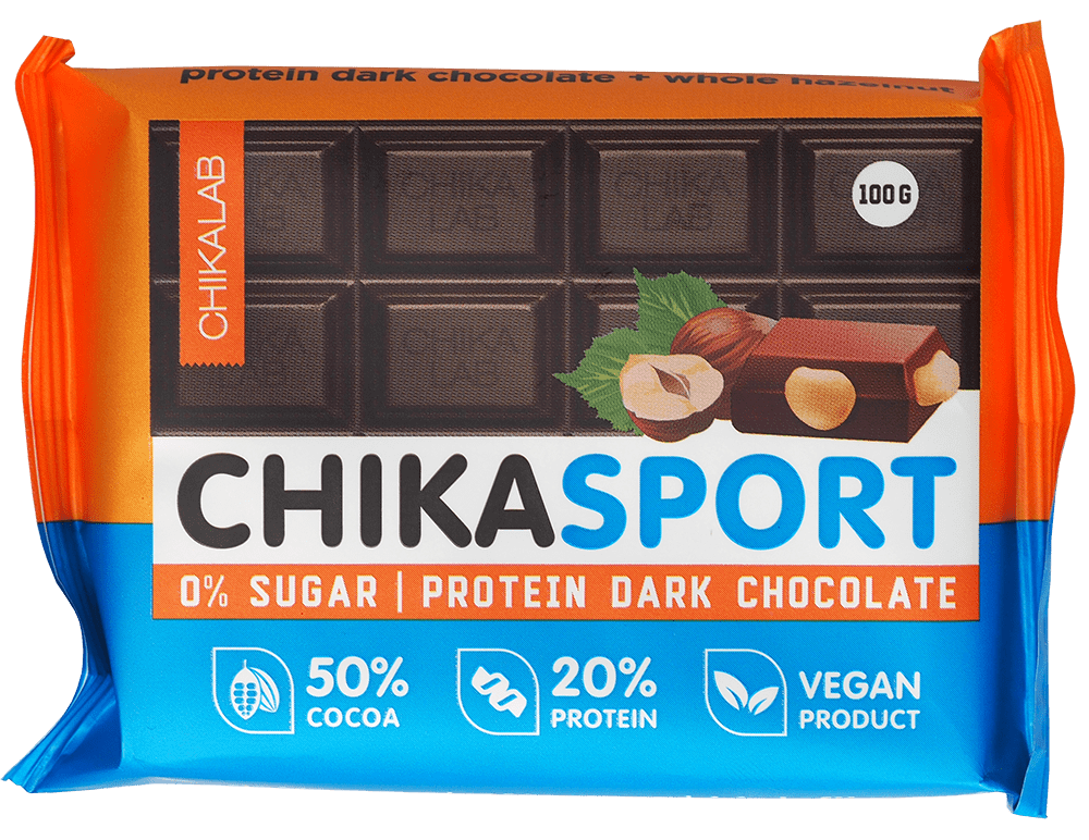 

Протеиновый тёмный шоколад Vegan CHIKALAB с Фундуком (100 грамм)