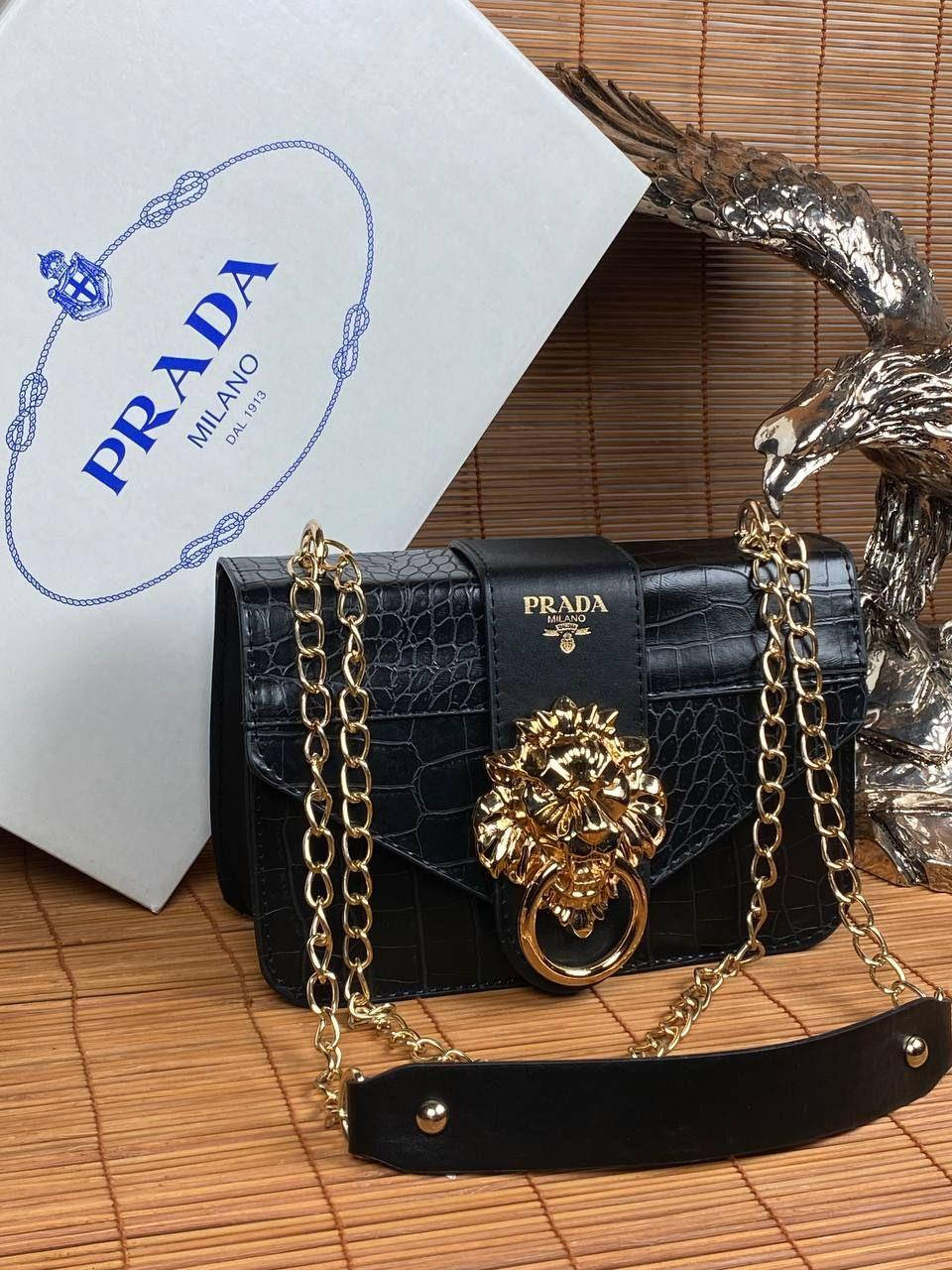 

Сумка женская черная PRADA Lion на цепочке Сумка бренд Прада Лев Сумочка Клатч Кросс-боди, Черный
