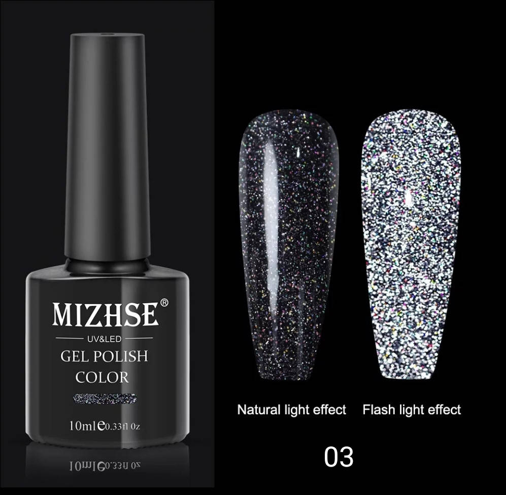 

10мл. Светоотражающий Гель лак Mizhse блестки с эффектом мерцания Черный 03