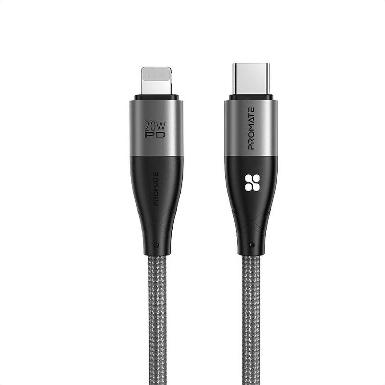 

Кабель Promate iCord-PD20 USB-C to Lightning 3А 1.2 м Black, Черный