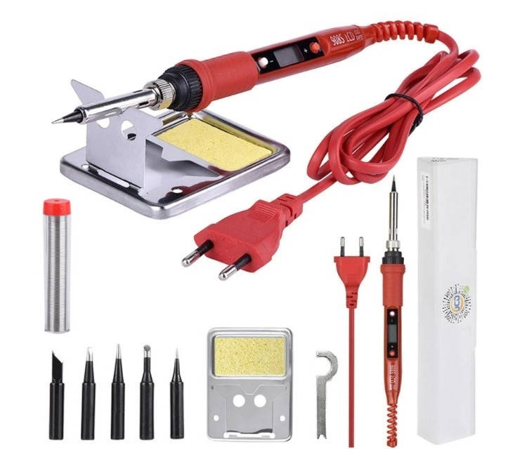 

Паяльник JCD 908S с регулировкой температуры в пенале, 5 жал 900M, подставка, припой, 80Вт, красный