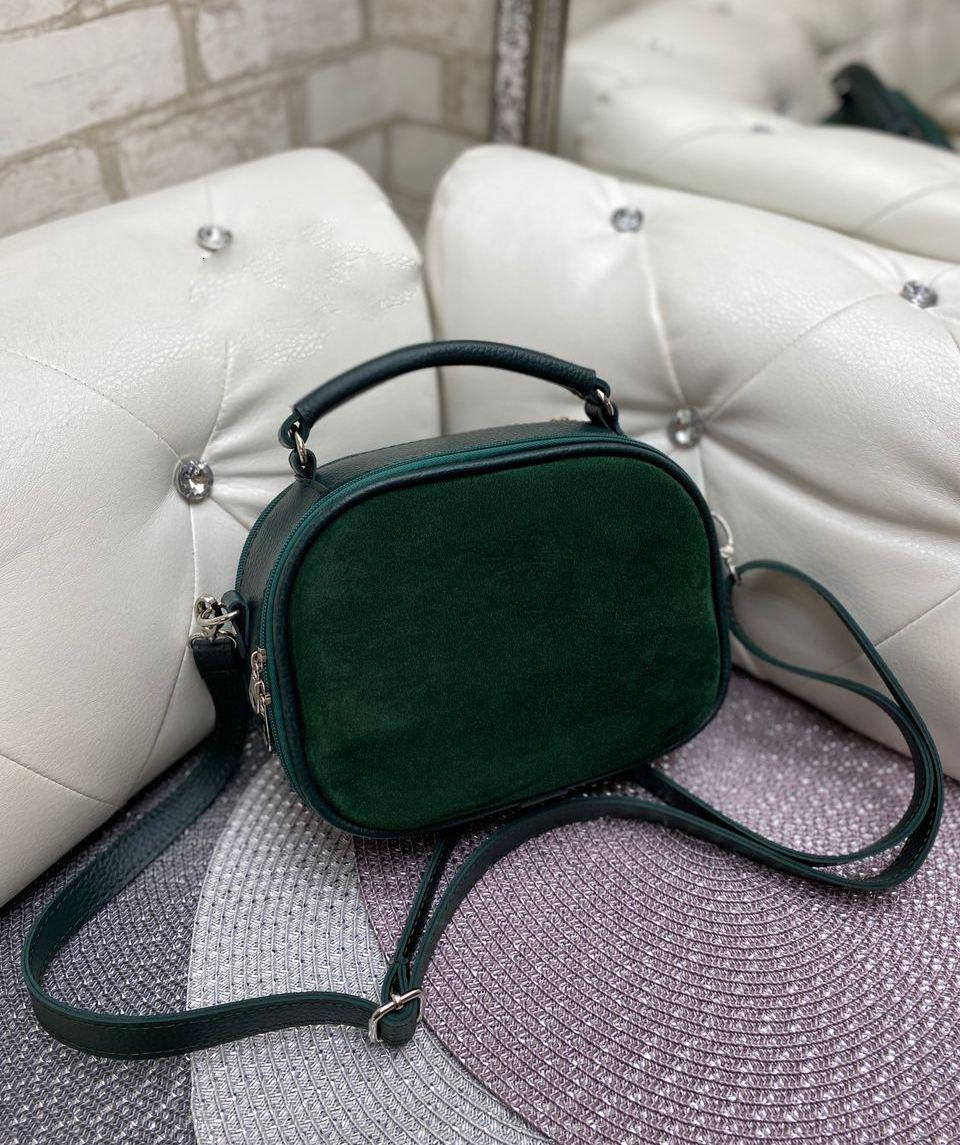 

Женская сумка кроссбоди стильная маленькая сумочка зеленая натуральная замша+кожзам, Зелёный