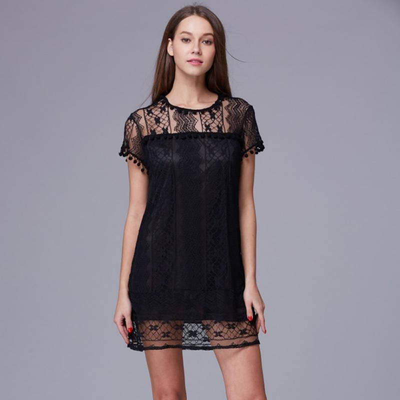 

Белое летнее короткое кружевное платье на подкладке черный, XXXL