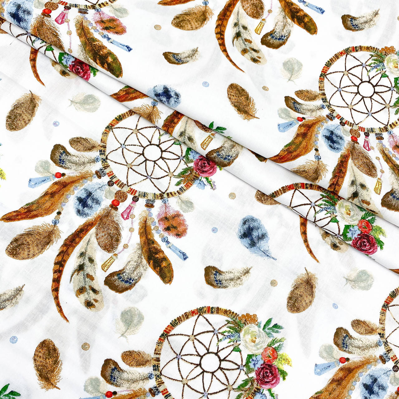 

Польская хлопковая ткань "Ловцы снов с цветами на белом", Разные цвета