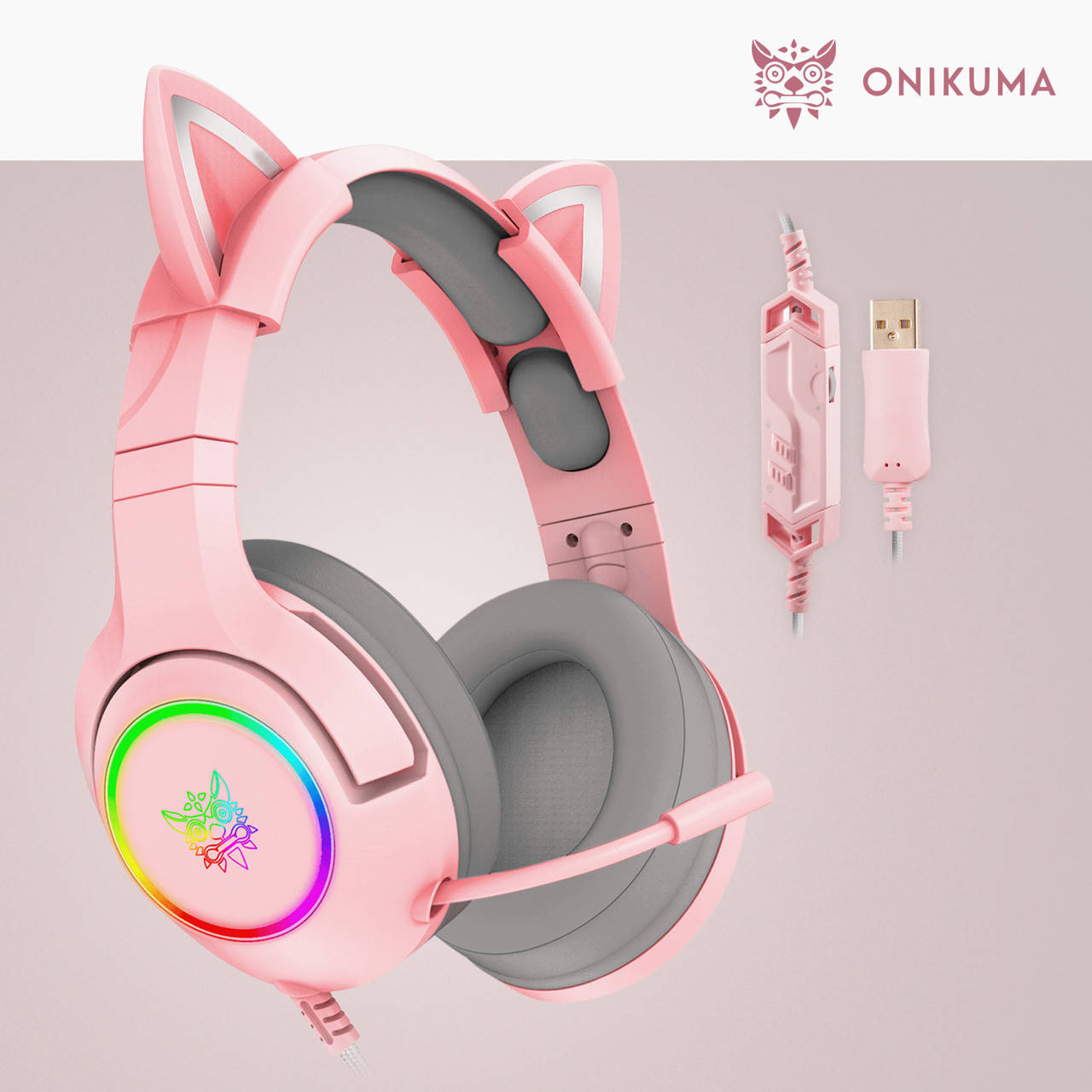 

Игровые наушники с кошачьими ушками Onikuma K9 с микрофоном и подсветкой геймерские наушники, Розовый