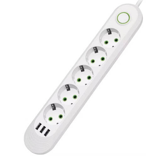 

Сетевой фильтр F05U, 5 розеток EU + 3 USB, 1.5 м, сечение 3х0,75мм, 2500W, White, Box