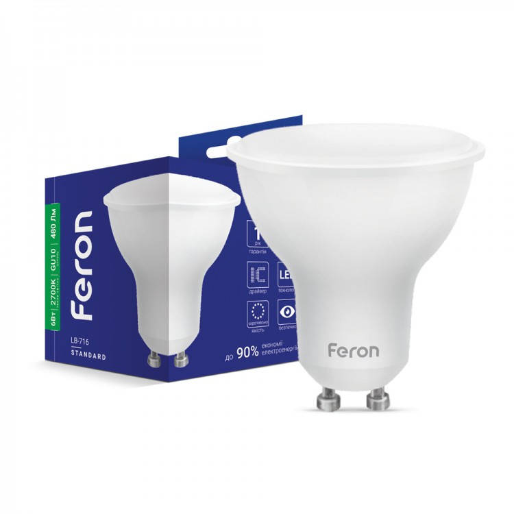 

Светодиодная лампа 6Вт GU10 MR16, 4000K 500Лм Feron LB-716