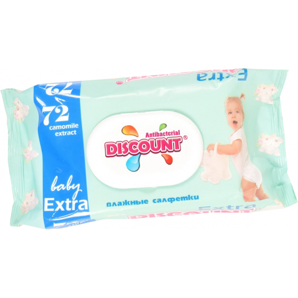 

Салфетки влажные Discount Extra для детей с экстрактом ромашки, с клапаном, 72 шт