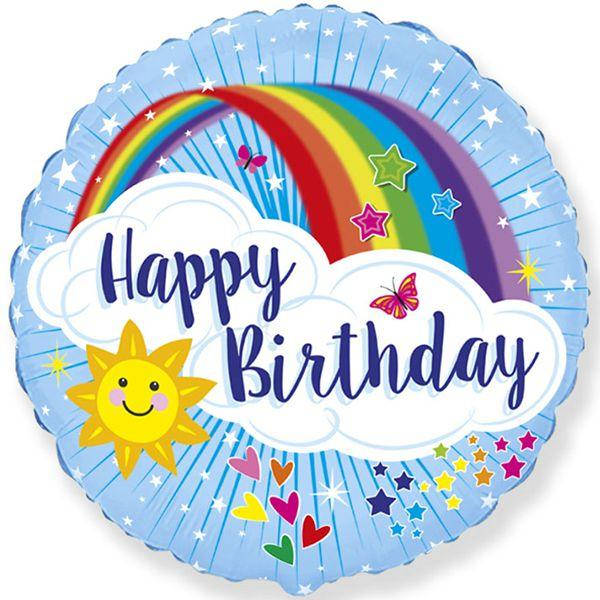 

Фольгированный шар круг Happy Birthday голубой с радугой 18" Flexmetal
