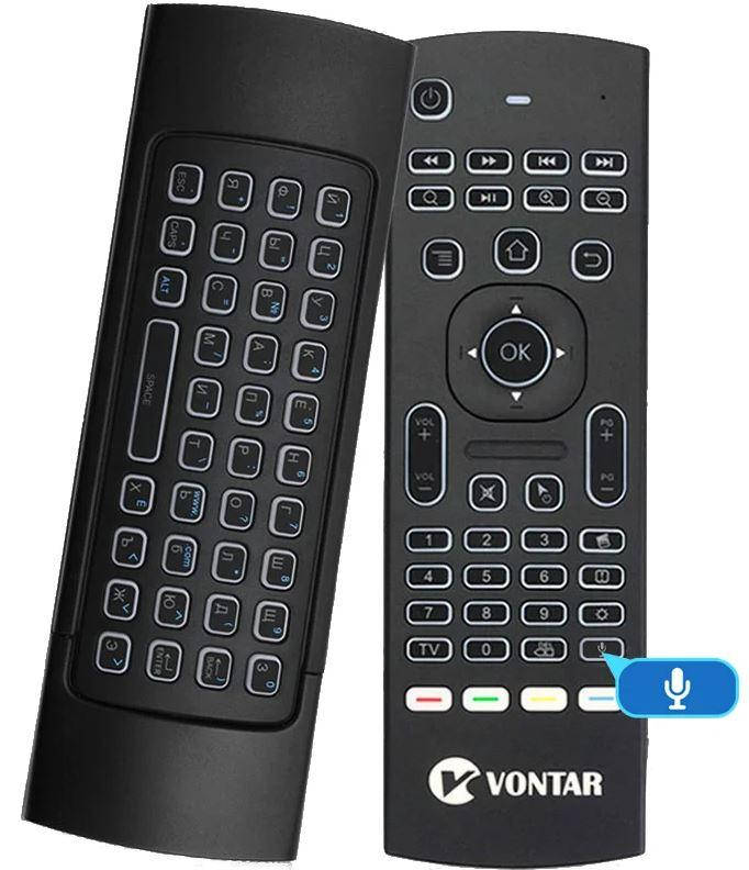 

Аеропульт (аеромышь) Vontar MX3 Pro Air Mouse с голосовым управлением, подсветкой, гироскопом и клавиатурой, Черный