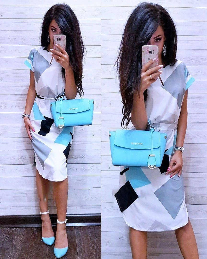 

Платье с поясом эксклюзивный принт ромбики супер-софт