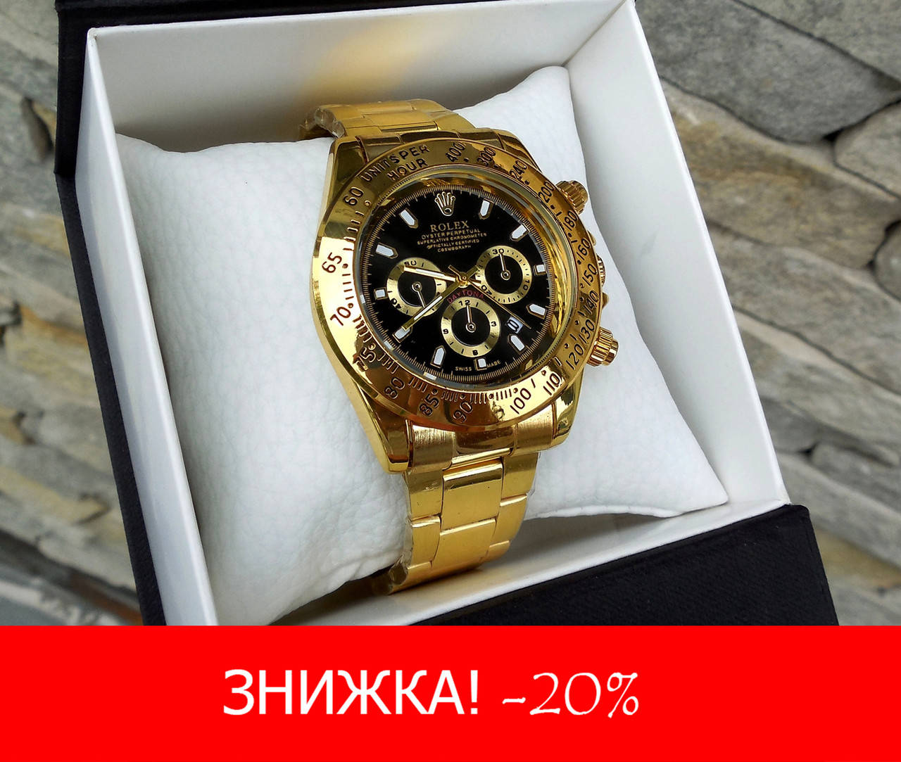 

Мужские кварцевые часы Rolex Daytona (Ролекс) золотые черный циферблат