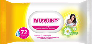 

Влажные салфетки Discount с пластиковой крышкой для детей с экстрактом ромашки, 72 шт.