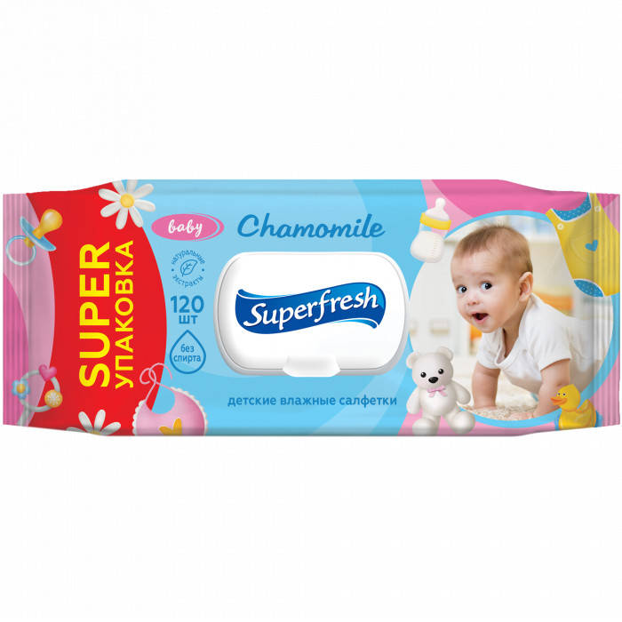 

Салфетка влажная Superfresh Baby chamomile с клапаном 120 шт