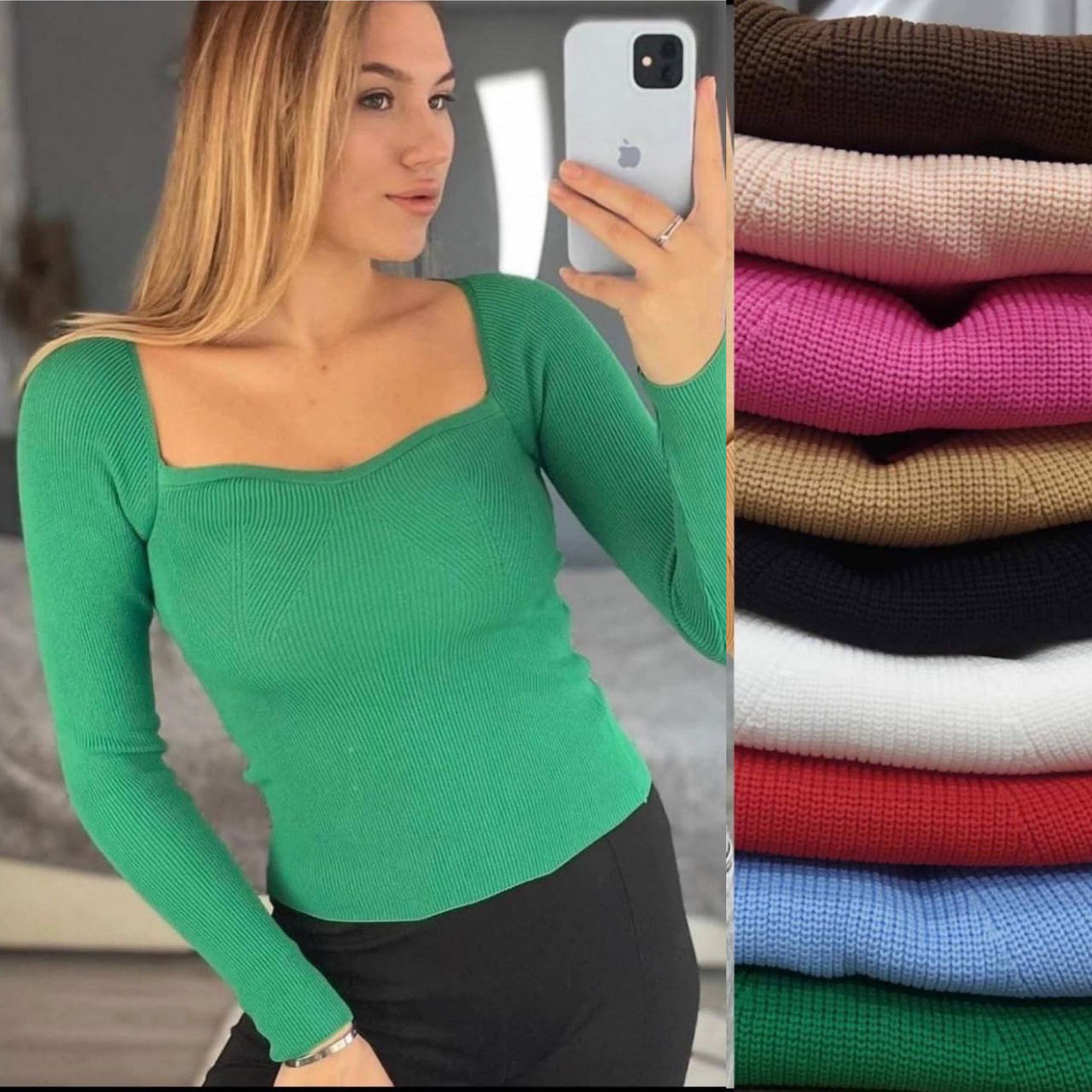 

Свитерок женский трикотажный с длинным рукавом и глубоким декольте (разные цвета)