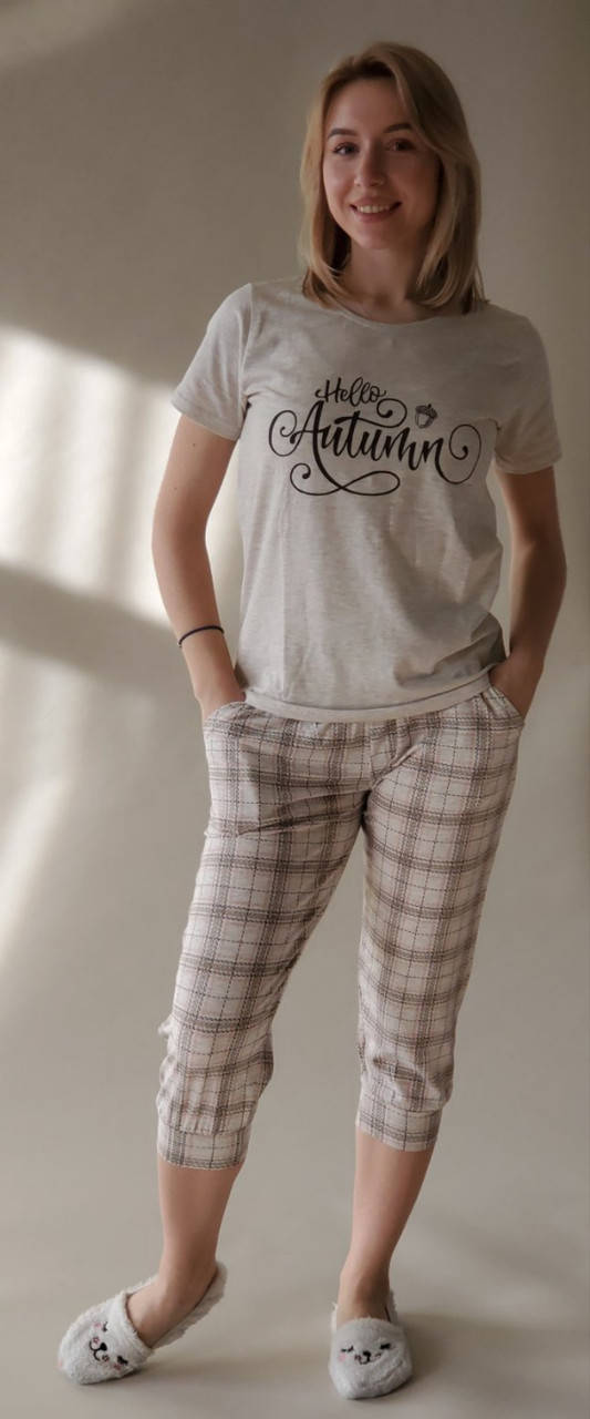 

Пижама женская хлопковая с бриджами и футболкой турция клетка M