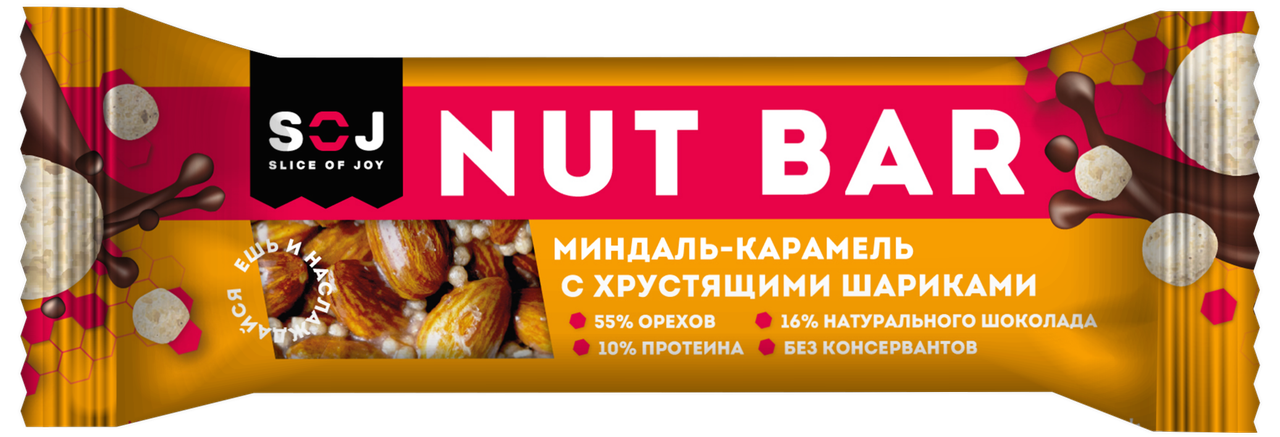 

Ореховый батончик SOJ NUT BAR Миндаль-Карамель с Хрустящими Шариками (40 грамм)