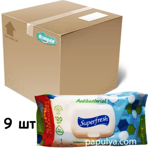 

Детские влажные салфетки Суперфреш Superfresh для детей и мам Antibacterial с клапаном 9 пачек по 120 шт,