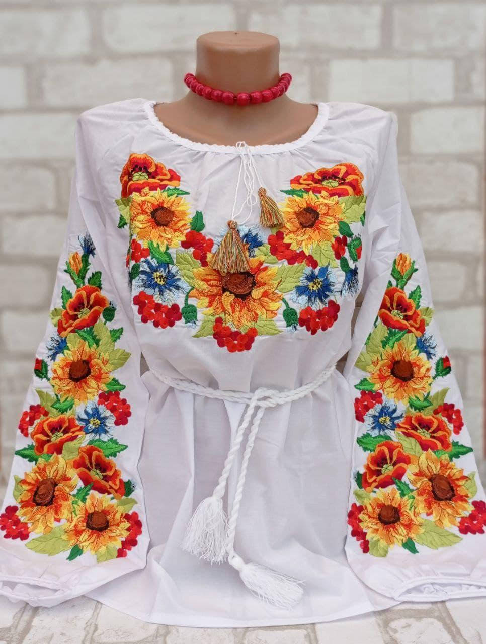 

Вышиванка на поплине "Украинские подсолнухи" размеры 42-54, Белый